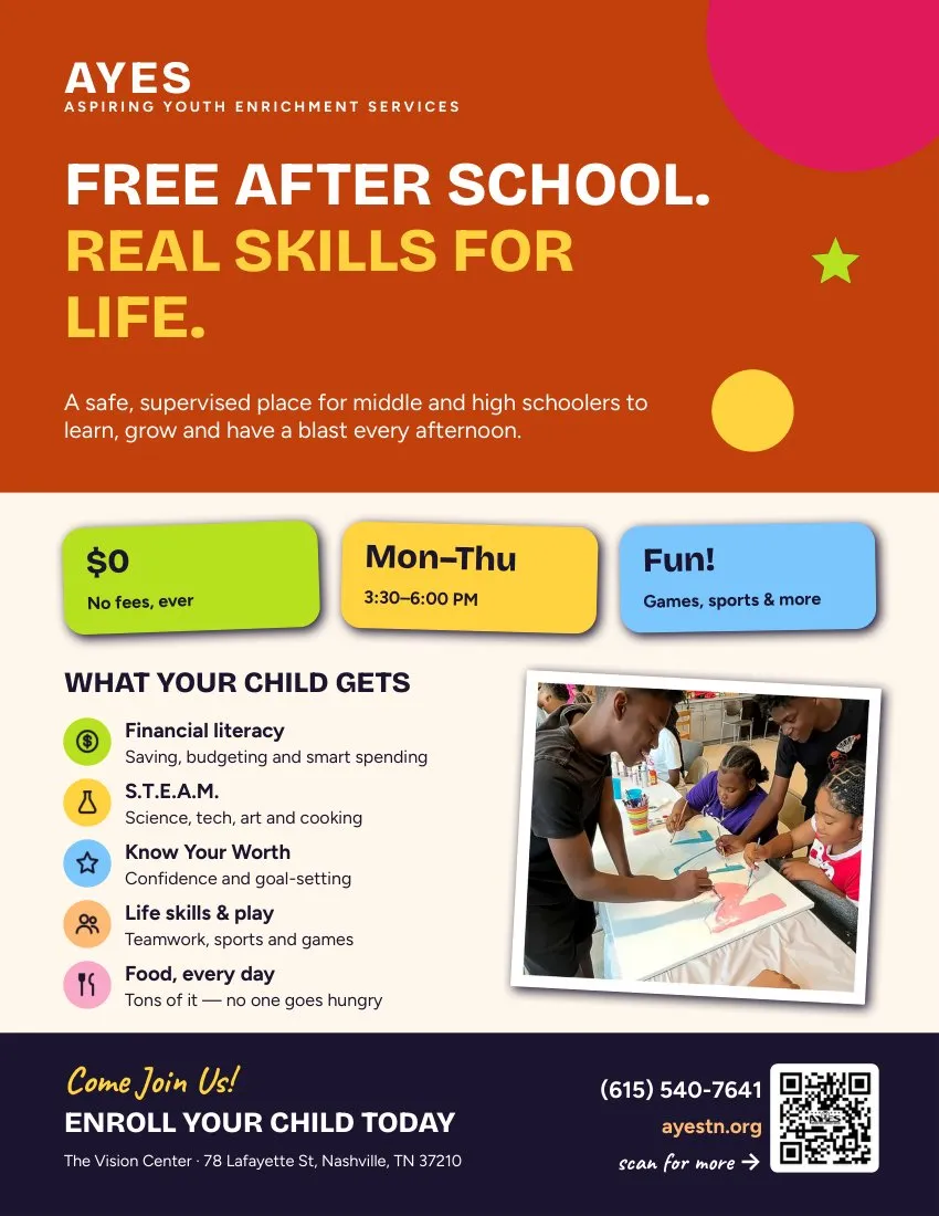 Preview of the flyer for families: Free after school. Real skills for life.